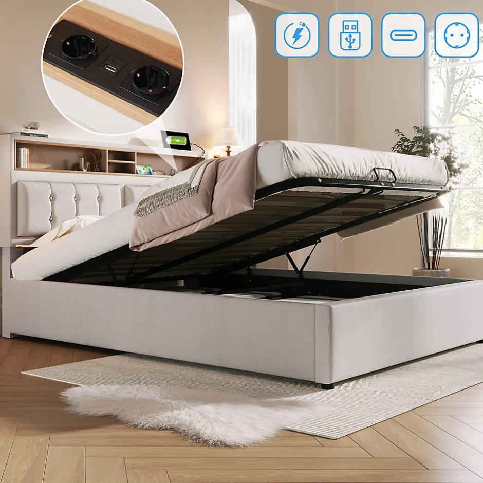 Okwish Lit coffre 160x200 cm - Lit double rembourré - Bois massif - Sans Matelas - Beige