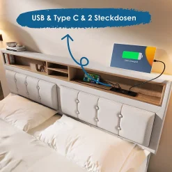 Okwish Lit coffre 160x200 cm - Lit double rembourré - Bois massif - Sans Matelas - Beige