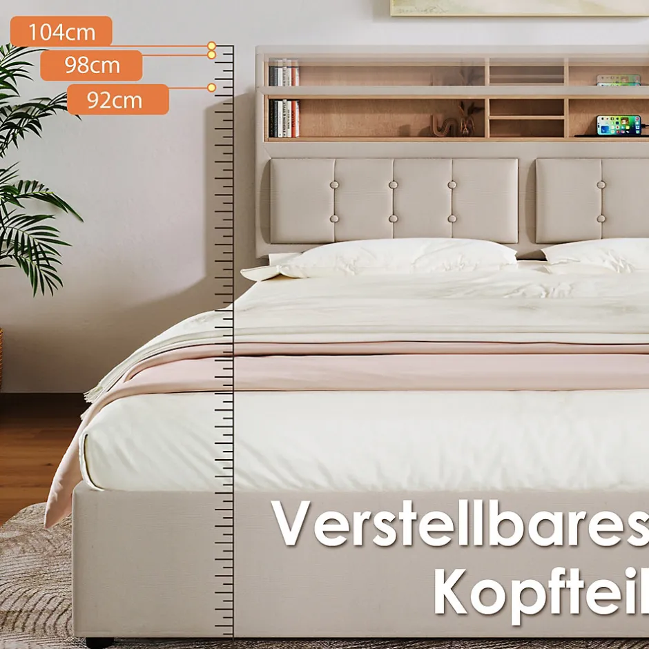 Okwish Lit coffre 160x200 cm - Lit double rembourré - Bois massif - Sans Matelas - Beige