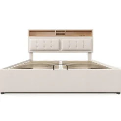 Okwish Lit coffre 160x200 cm - Lit double rembourré - Bois massif - Sans Matelas - Beige
