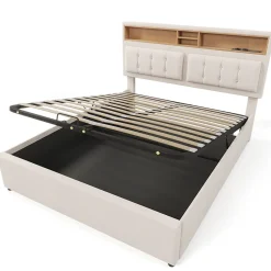 Okwish Lit coffre 160x200 cm - Lit double rembourré - Bois massif - Sans Matelas - Beige