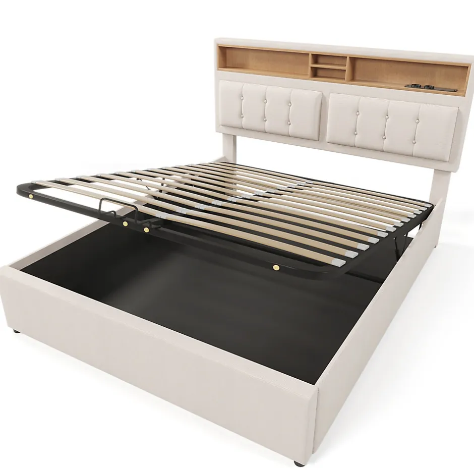Okwish Lit coffre 160x200 cm - Lit double rembourré - Bois massif - Sans Matelas - Beige