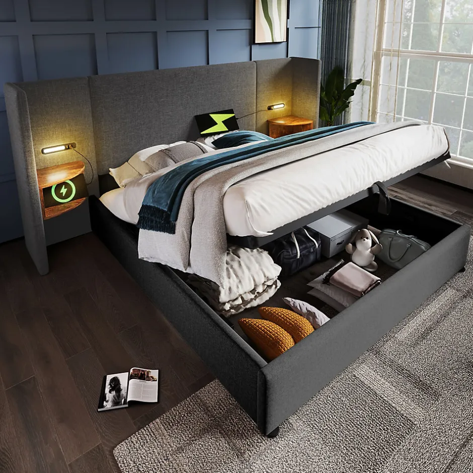 Okwish Lit coffre 180x200 cm - Lit double capitonné avec table de chevet et lampe de lecture - Lin - Sans Matelas - Gris