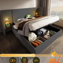 Okwish Lit coffre 180x200 cm - Lit double capitonné avec table de chevet et lampe de lecture - Lin - Sans Matelas - Gris