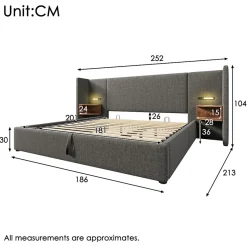 Okwish Lit coffre 180x200 cm - Lit double capitonné avec table de chevet et lampe de lecture - Lin - Sans Matelas - Gris