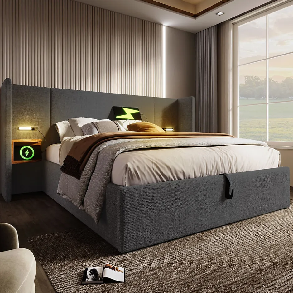 Okwish Lit coffre 180x200 cm - Lit double capitonné avec table de chevet et lampe de lecture - Lin - Sans Matelas - Gris