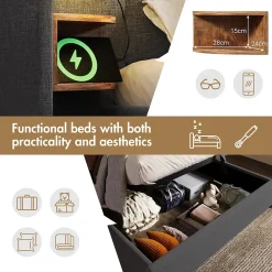Okwish Lit coffre 180x200 cm - Lit double capitonné avec table de chevet et lampe de lecture - Lin - Sans Matelas - Gris