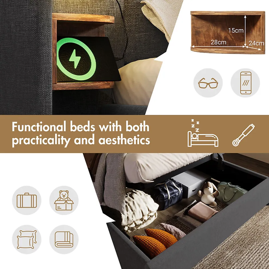 Okwish Lit coffre 180x200 cm - Lit double capitonné avec table de chevet et lampe de lecture - Lin - Sans Matelas - Gris