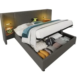 Okwish Lit coffre 180x200 cm - Lit double capitonné avec table de chevet et lampe de lecture - Lin - Sans Matelas - Gris