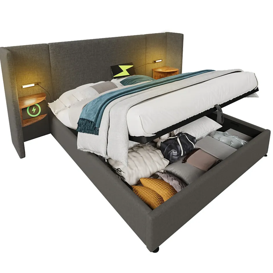 Okwish Lit coffre 180x200 cm - Lit double capitonné avec table de chevet et lampe de lecture - Lin - Sans Matelas - Gris