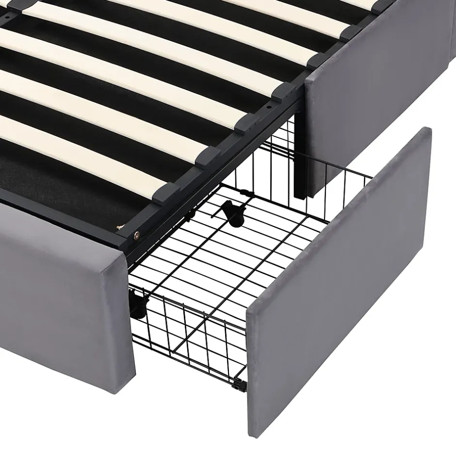 Okwish Lit coffre 140x190 cm - lit double capitonné élégant en velours avec 3 tiroirs et rangement hydraulique - gris - sans matelas Online