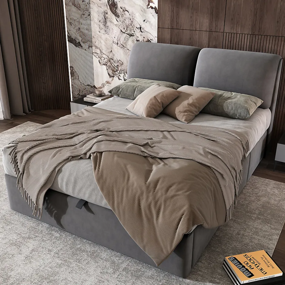 Okwish Lit coffre 140x190 cm - lit double capitonné élégant en velours avec 3 tiroirs et rangement hydraulique - gris - sans matelas Online