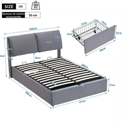Okwish Lit coffre 140x190 cm - lit double capitonné élégant en velours avec 3 tiroirs et rangement hydraulique - gris - sans matelas Online