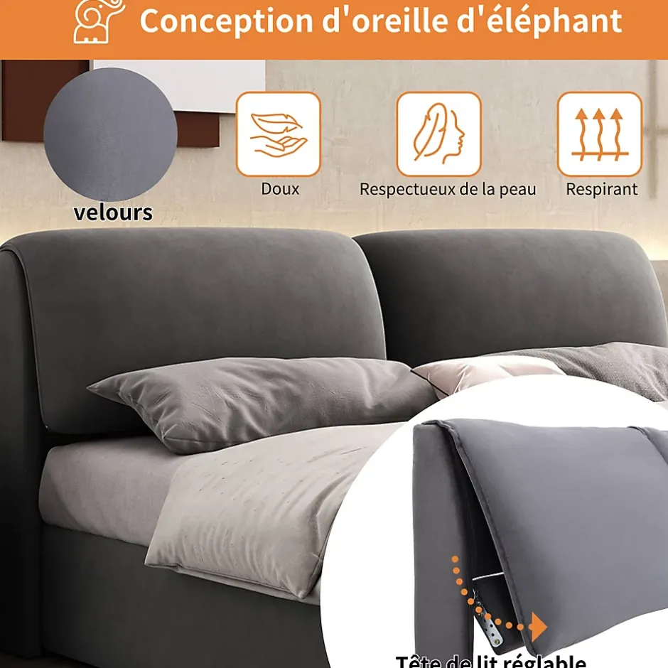 Okwish Lit coffre 140x190 cm - lit double capitonné élégant en velours avec 3 tiroirs et rangement hydraulique - gris - sans matelas Online