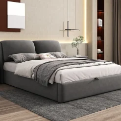 Okwish Lit coffre 140x190 cm - lit double capitonné élégant en velours avec 3 tiroirs et rangement hydraulique - gris - sans matelas Online