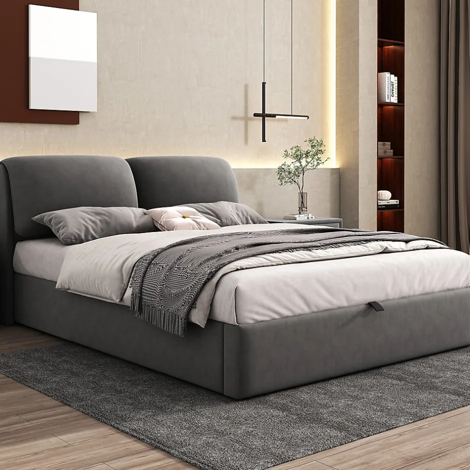 Okwish Lit coffre 140x190 cm - lit double capitonné élégant en velours avec 3 tiroirs et rangement hydraulique - gris - sans matelas Online