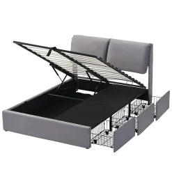 Okwish Lit coffre 140x190 cm - lit double capitonné élégant en velours avec 3 tiroirs et rangement hydraulique - gris - sans matelas Online