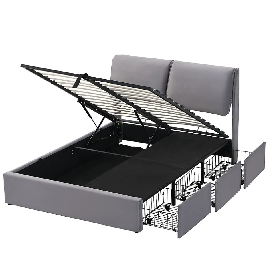 Okwish Lit coffre 140x190 cm - lit double capitonné élégant en velours avec 3 tiroirs et rangement hydraulique - gris - sans matelas Online