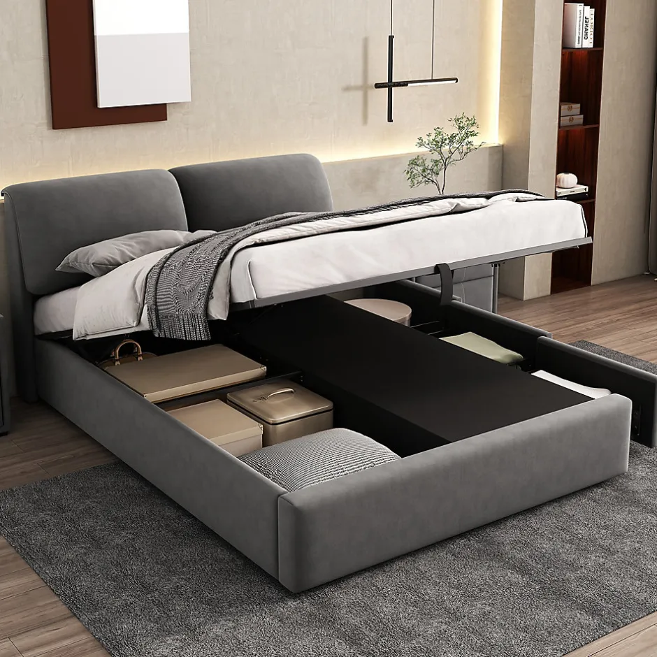Okwish Lit coffre 140x190 cm - lit double capitonné élégant en velours avec 3 tiroirs et rangement hydraulique - gris - sans matelas Online