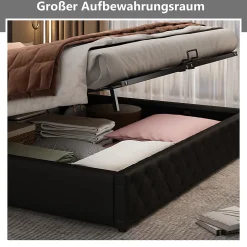 Okwish Lit coffre 140x200 cm - Lit double avec coffre de rangement et éclairage LED - Lit capitonné en cuir PU - Sans matelas - Noir Clearance