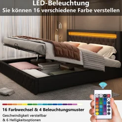 Okwish Lit coffre 140x200 cm - Lit double avec coffre de rangement et éclairage LED - Lit capitonné en cuir PU - Sans matelas - Noir Clearance