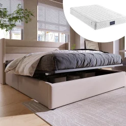 Okwish Lit coffre 160x200 cm - Lit double capitonné avec sommier à lattes - Lin - Matelas Inclus - Beige New