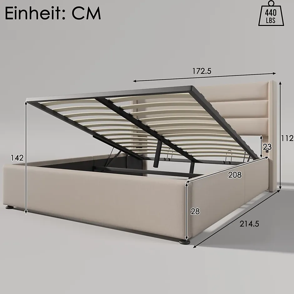 Okwish Lit coffre 160x200 cm - Lit double capitonné avec sommier à lattes - Lin - Matelas Inclus - Beige New