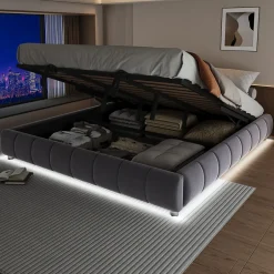 Okwish Lit Coffre 180x200 cm - Lit Double avec Éclairage LED, design Moderne et Espace de Rangement - Sans Matelas, Velours Gris