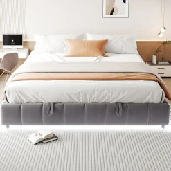 Okwish Lit Coffre 180x200 cm - Lit Double avec Éclairage LED, design Moderne et Espace de Rangement - Sans Matelas, Velours Gris