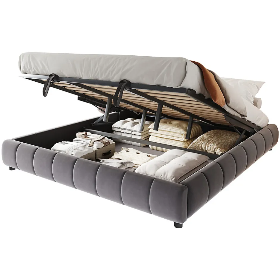 Okwish Lit Coffre 180x200 cm - Lit Double avec Éclairage LED, design Moderne et Espace de Rangement - Sans Matelas, Velours Gris