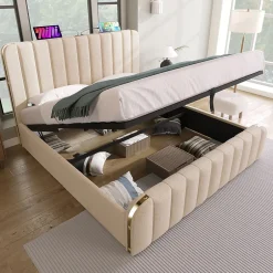 Okwish Lit coffre 180x200 cm - Lit double rembourré avec fonction USB Type-C - Lin - Sans Matelas - Beige