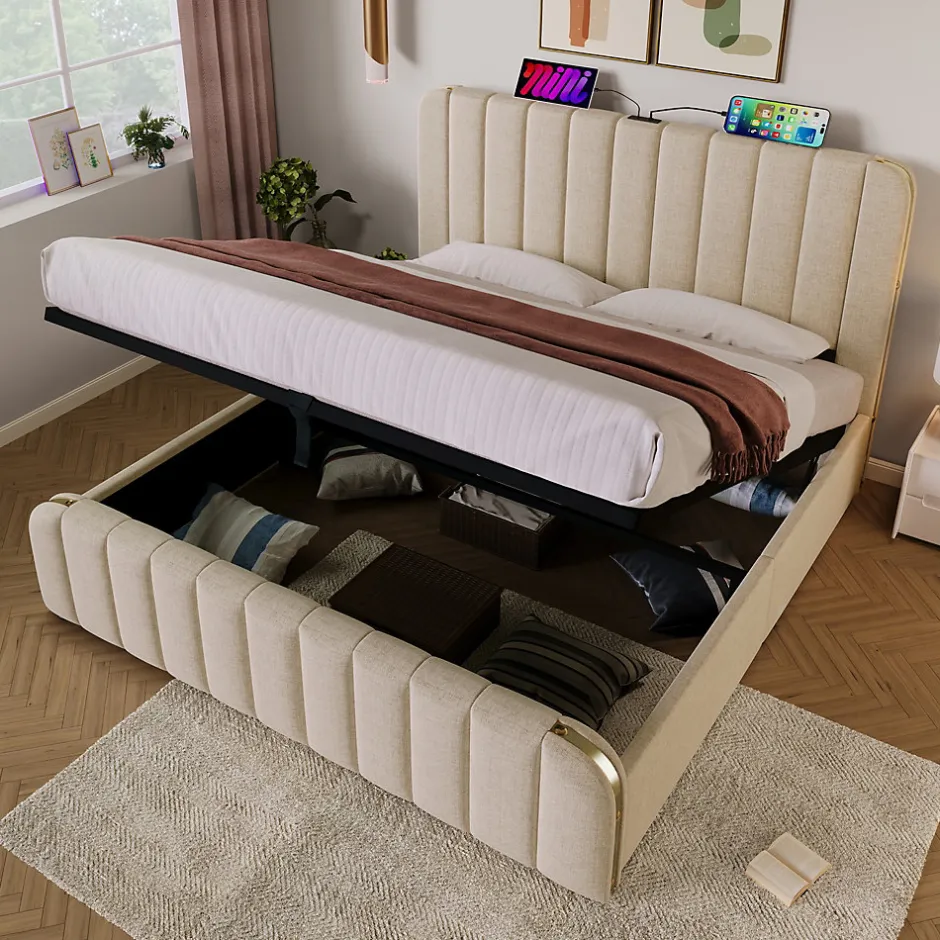 Okwish Lit coffre 180x200 cm - Lit double rembourré avec fonction USB Type-C - Lin - Sans Matelas - Beige