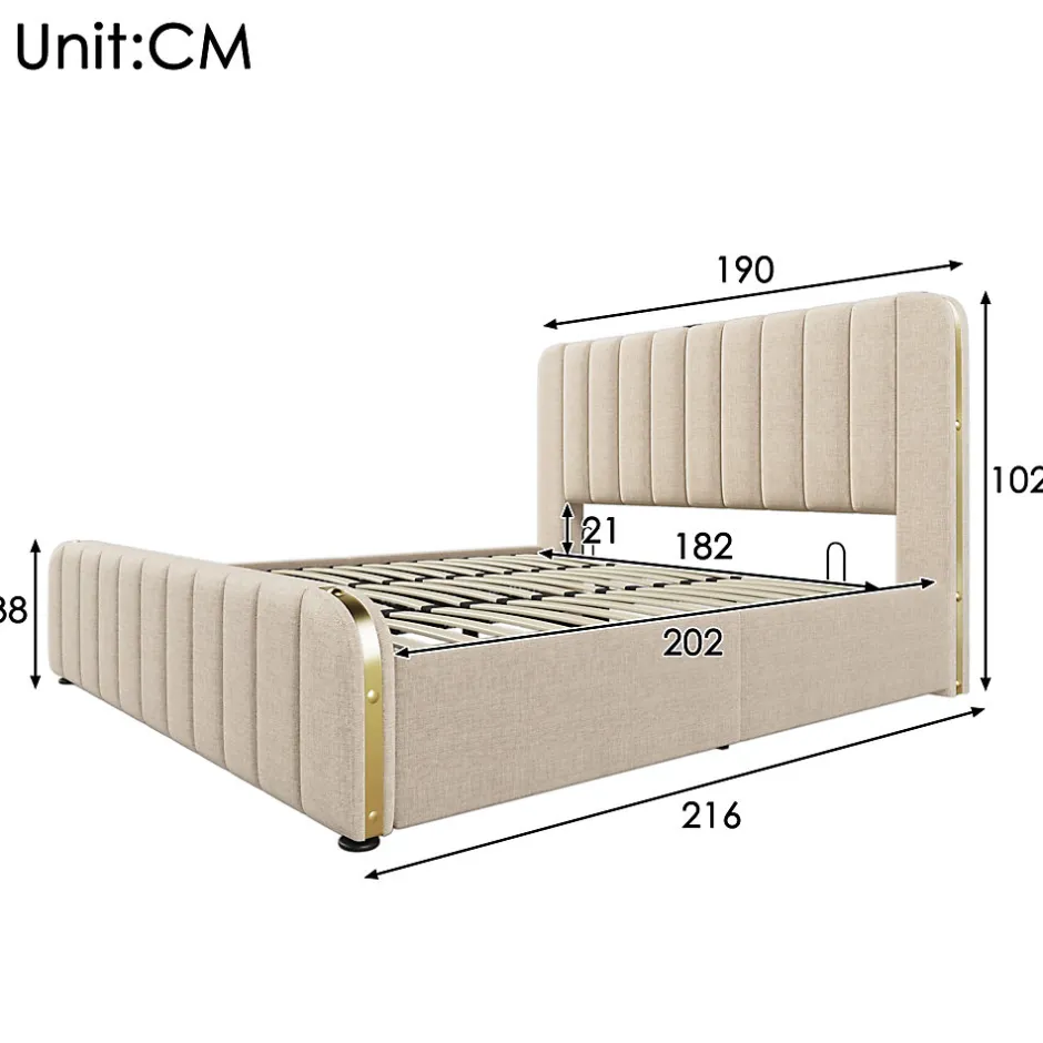 Okwish Lit coffre 180x200 cm - Lit double rembourré avec fonction USB Type-C - Lin - Sans Matelas - Beige