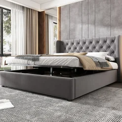 Okwish Lit coffre 140x190 cm - Lit double avec sommier à lattes et coffre hydraulique - Capitonné Velours - Sans Matelas - Gris