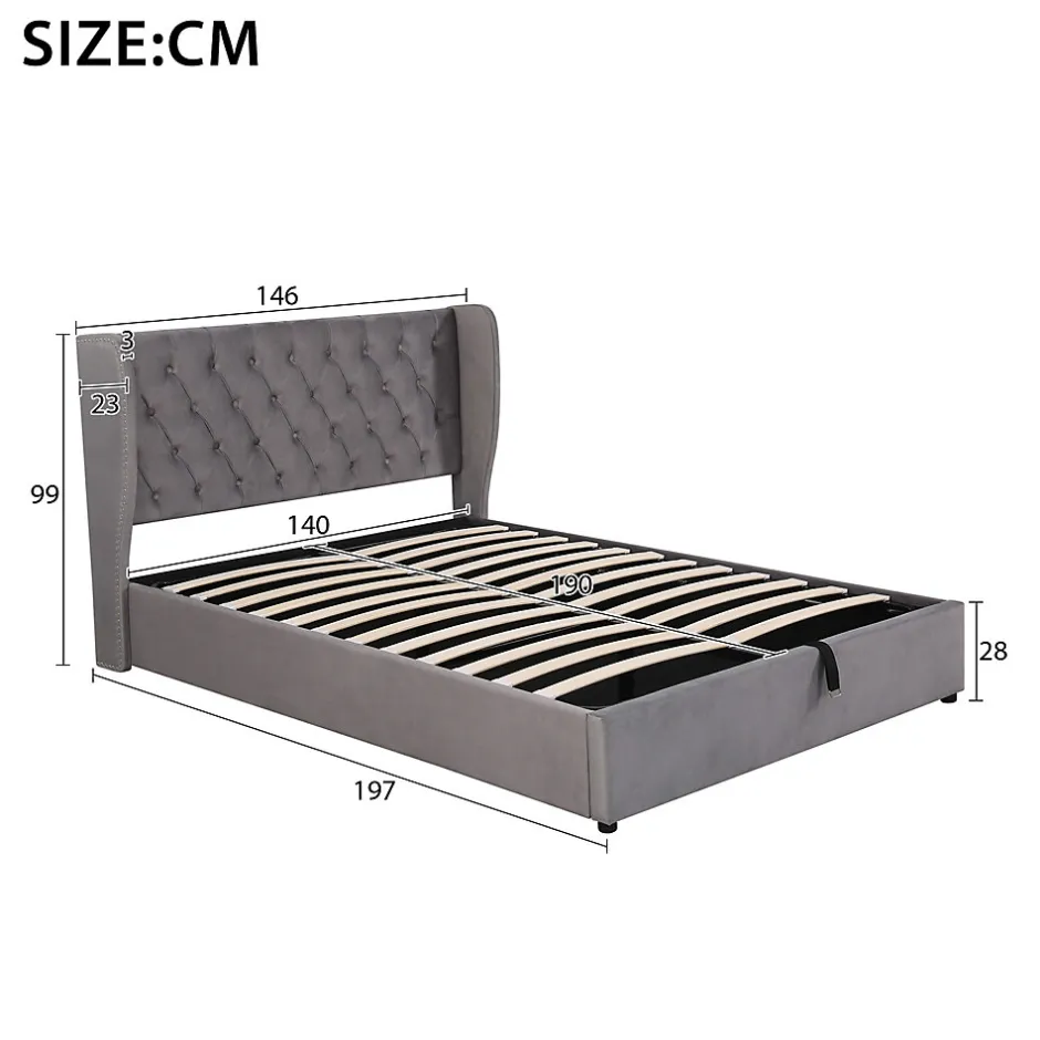 Okwish Lit coffre 140x190 cm - Lit double avec sommier à lattes et coffre hydraulique - Capitonné Velours - Sans Matelas - Gris