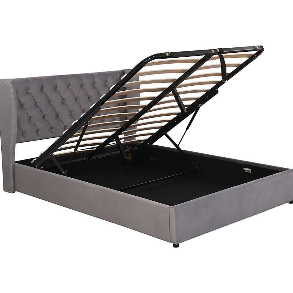 Okwish Lit coffre 140x190 cm - Lit double avec sommier à lattes et coffre hydraulique - Capitonné Velours - Sans Matelas - Gris