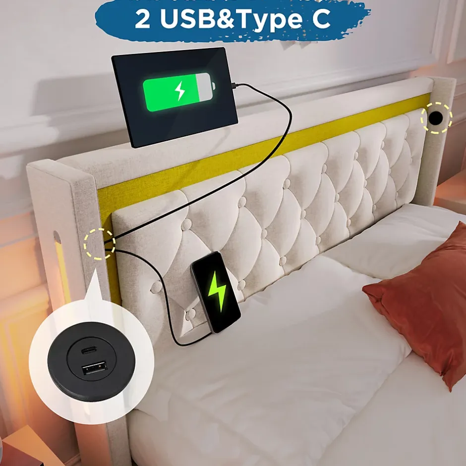 Okwish Lit coffre 160x200 cm - Lit double avec USB Type C et LED - Coton - Sans Matelas - Beige Best