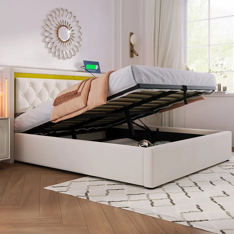 Okwish Lit coffre 160x200 cm - Lit double avec USB Type C et LED - Coton - Sans Matelas - Beige Best