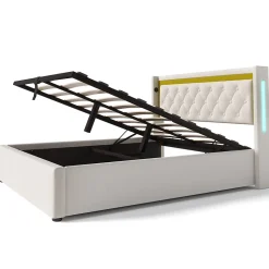 Okwish Lit coffre 160x200 cm - Lit double avec USB Type C et LED - Coton - Sans Matelas - Beige Best