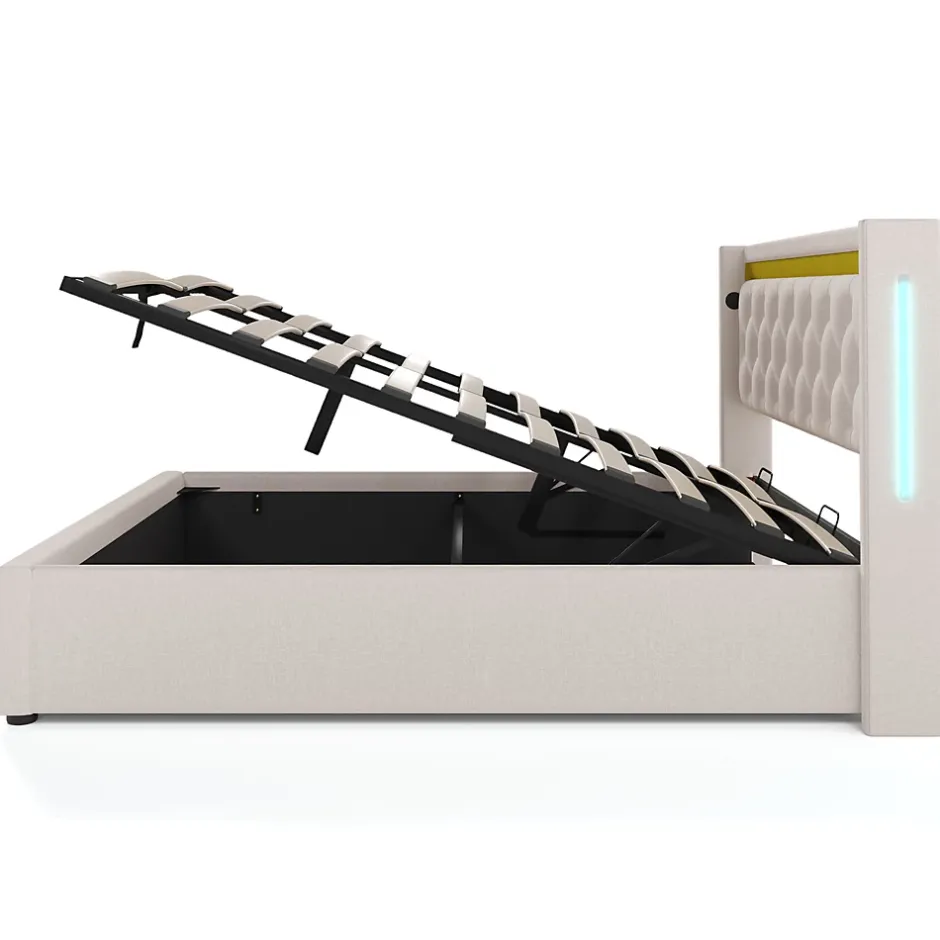 Okwish Lit coffre 160x200 cm - Lit double avec USB Type C et LED - Coton - Sans Matelas - Beige Best