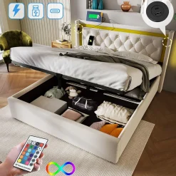 Okwish Lit coffre 160x200 cm - Lit double avec USB Type C et LED - Coton - Sans Matelas - Beige Best