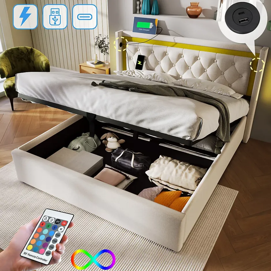 Okwish Lit coffre 160x200 cm - Lit double avec USB Type C et LED - Coton - Sans Matelas - Beige Best