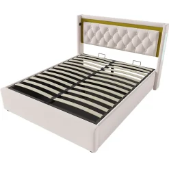 Okwish Lit coffre 160x200 cm - Lit double avec USB Type C et LED - Coton - Sans Matelas - Beige Best