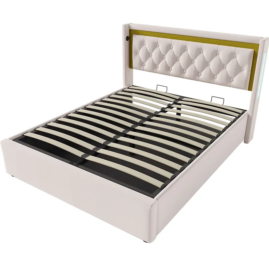Okwish Lit coffre 160x200 cm - Lit double avec USB Type C et LED - Coton - Sans Matelas - Beige Best