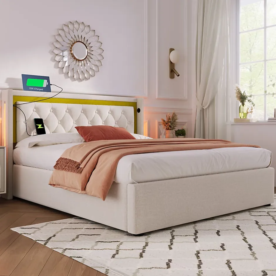 Okwish Lit coffre 160x200 cm - Lit double avec USB Type C et LED - Coton - Sans Matelas - Beige Best