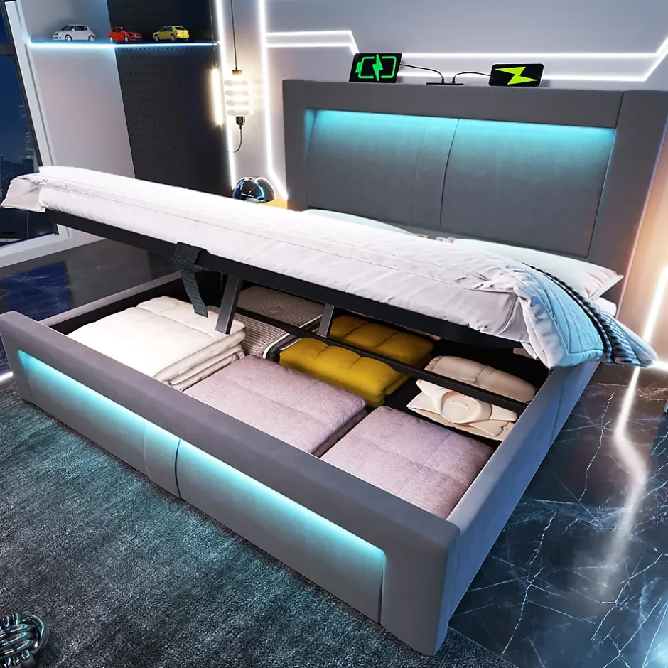 Okwish Lit Coffre 180x200 cm - Lit Double Capitonné avec LED Contrôlée par Application, Ports USB/Type-C - Sans Matelas - Gris Best