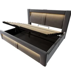 Okwish Lit Coffre 180x200 cm - Lit Double Capitonné avec LED Contrôlée par Application, Ports USB/Type-C - Sans Matelas - Gris Best