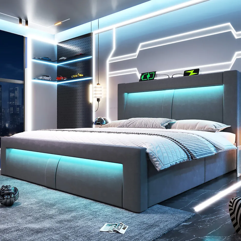 Okwish Lit Coffre 180x200 cm - Lit Double Capitonné avec LED Contrôlée par Application, Ports USB/Type-C - Sans Matelas - Gris Best