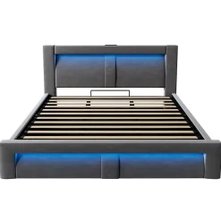 Okwish Lit Coffre 180x200 cm - Lit Double Capitonné avec LED Contrôlée par Application, Ports USB/Type-C - Sans Matelas - Gris Best
