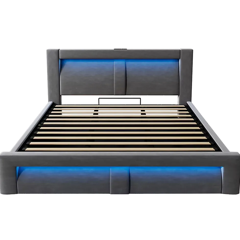 Okwish Lit Coffre 180x200 cm - Lit Double Capitonné avec LED Contrôlée par Application, Ports USB/Type-C - Sans Matelas - Gris Best